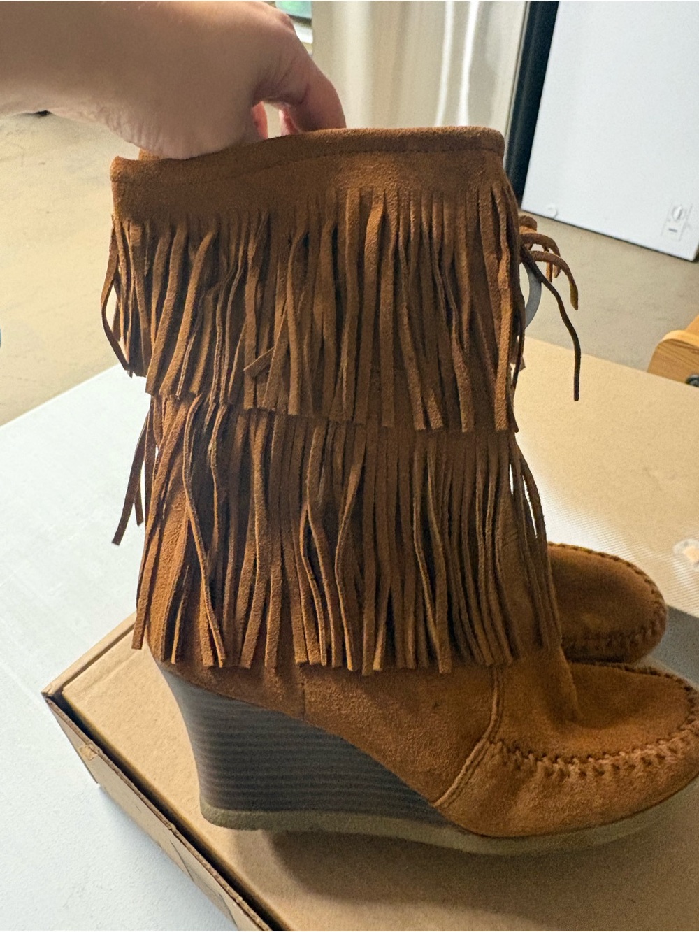 Minnetonka Tan Suede Fringe Wedge Boots